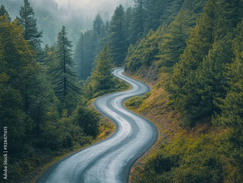 Road winding up a pinecovered hill, sense of ascent and journey. Road winding up a pinecovered hill, sense of ascent and journey.