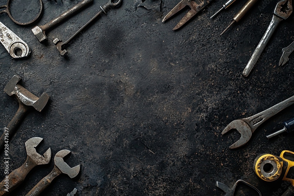 Spanners and tools on dark black background. Top view with copy space Spanners and tools on dark black background. Top view with copy space