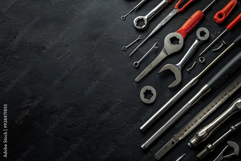 Spanners and tools on dark black background. Top view with copy space Spanners and tools on dark black background. Top view with copy space