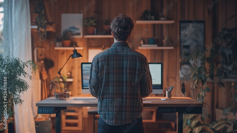 A person using a standing desk in a minimalist home office, emphasizing the importance of ergonomics and health in remote work environments. A person using a standing desk in a minimalist home office, emphasizing the importance of ergonomics and health in remote work environments.