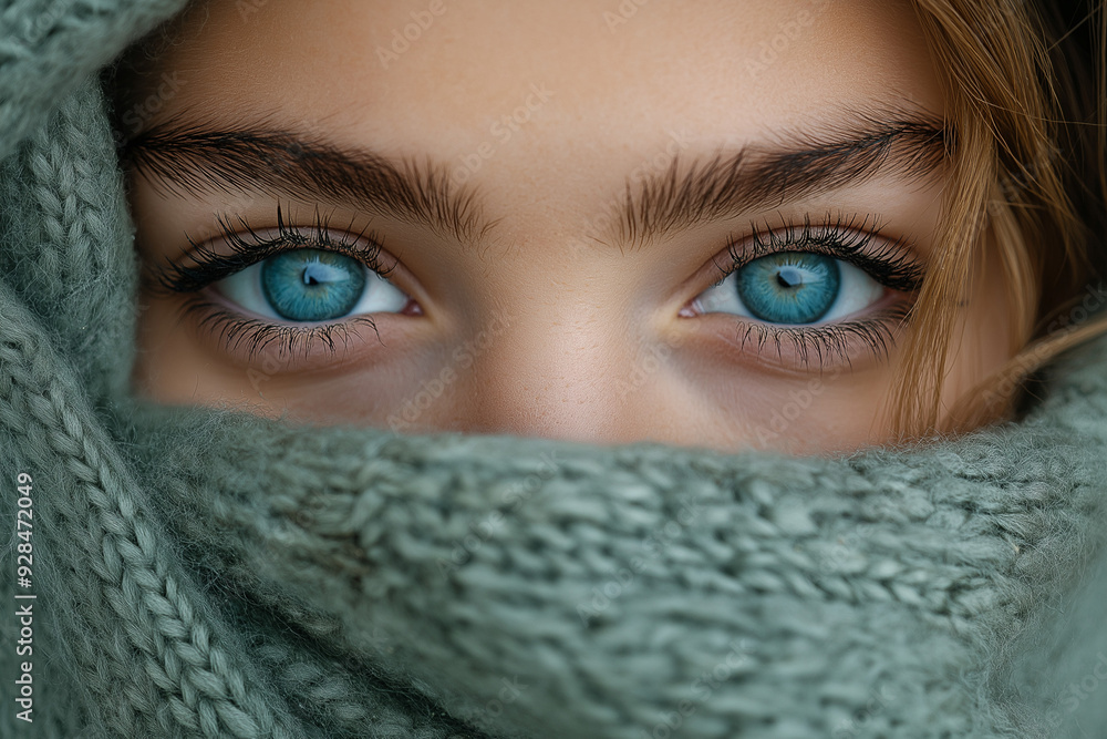Close up of blue eyes of a girl with face wrapped in cloth. Close up of blue eyes of a girl with face wrapped in cloth.