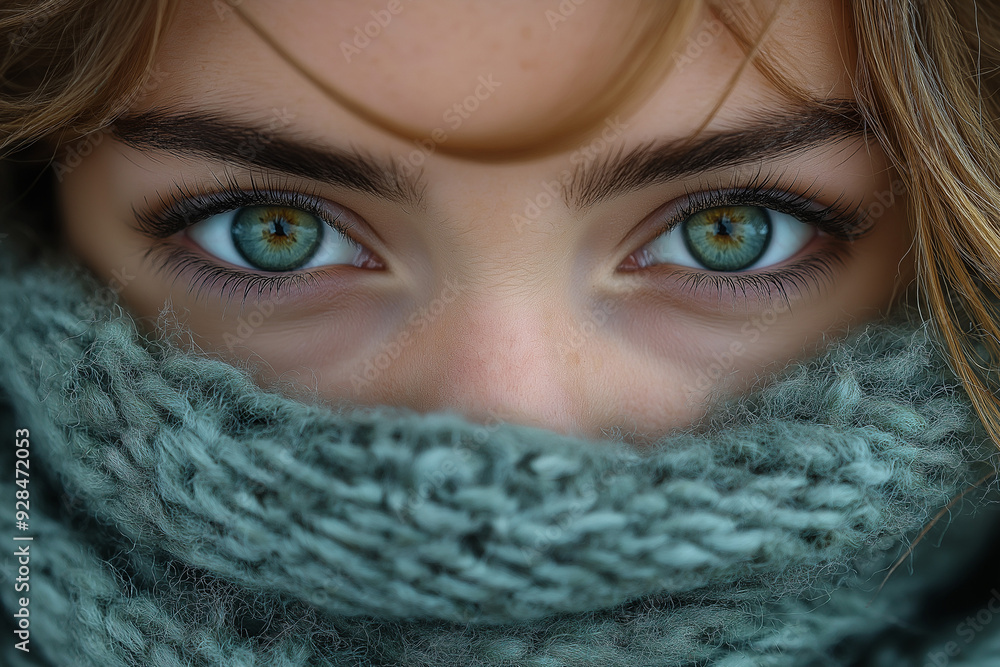 Close up of blue eyes of a girl with face wrapped in cloth. Close up of blue eyes of a girl with face wrapped in cloth.