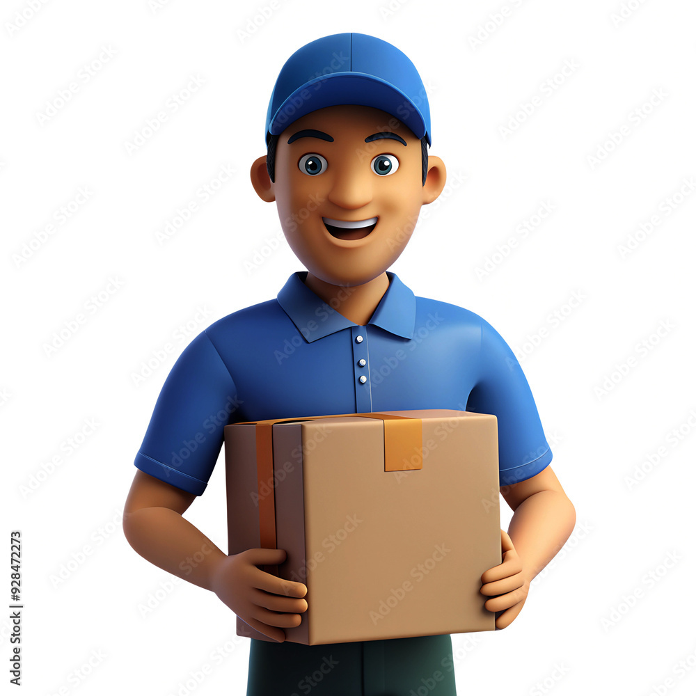Delivery Man in blue Uniform Holding Cardboard on white background Delivery Man in blue Uniform Holding Cardboard on white background