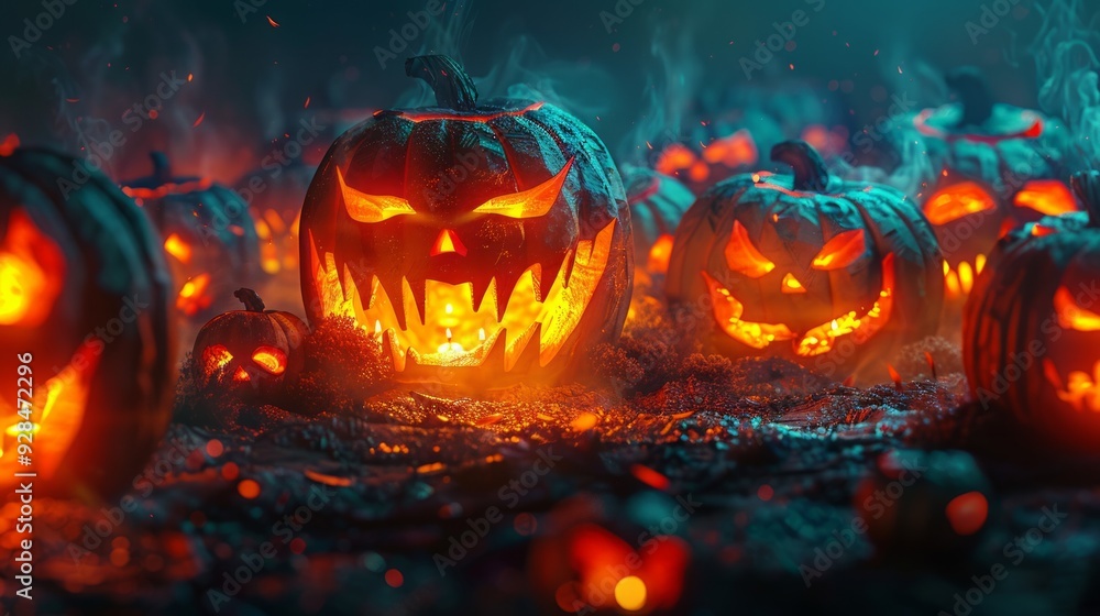 Fototapeta premium A group of halloween lanterns are gathered together, each with a glowing face.