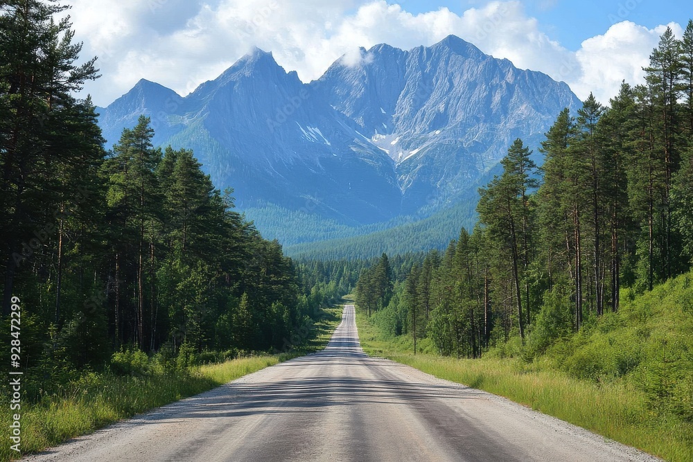 Fototapeta premium Road with pine trees and mountains in the background, nature s grandeur.