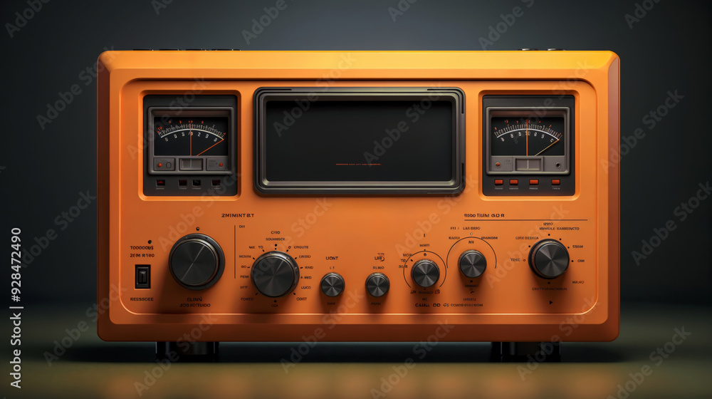 Fototapeta premium Vintage orange radio receiver with analog meters, retro design featuring multiple knobs and dials, showcasing classic audio technology and nostalgic electronics