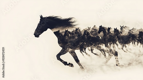 Black stallion running wild on the beach, silhouette of a majestic equine galloping through the waves