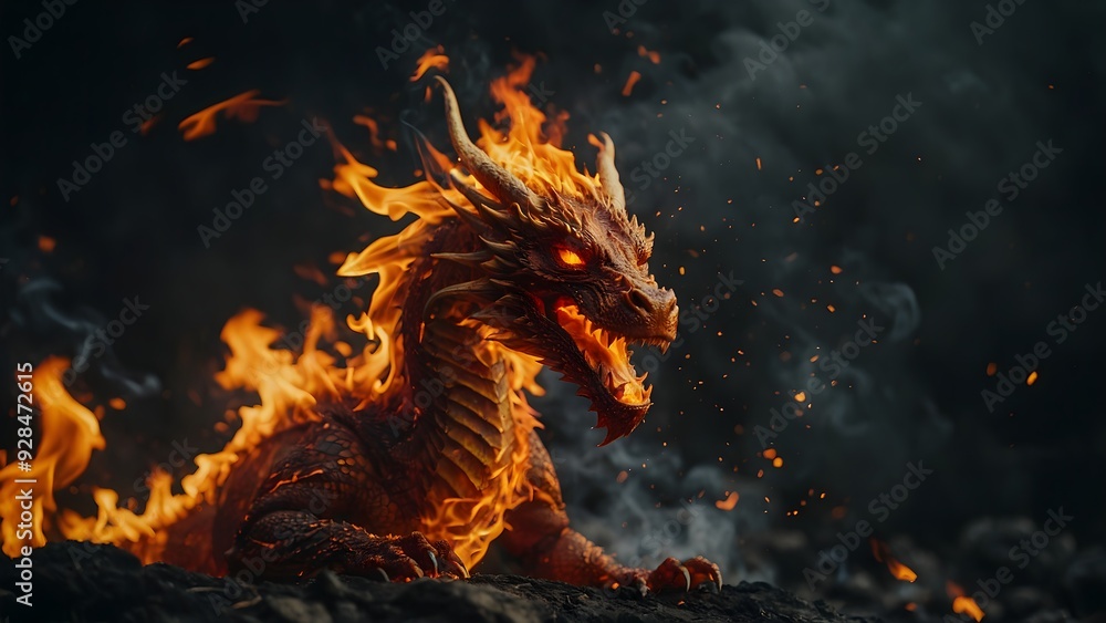 Dragon curled around the ancient tree with leaves of gold Dragon curled around the ancient tree with leaves of gold