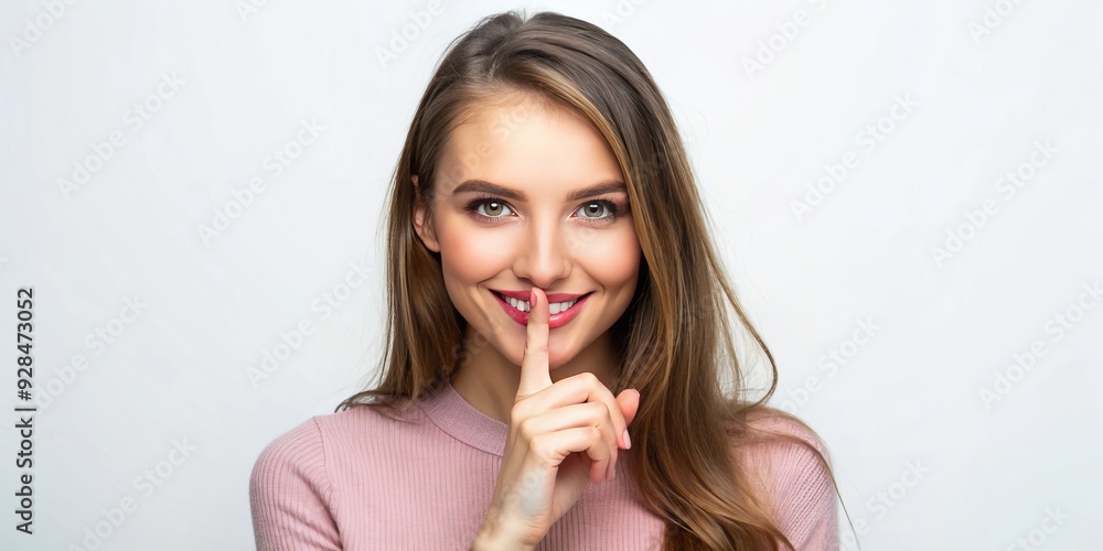 A quietly confident young woman with a subtle smile touches her finger to her lips, exuding positivity and introspection against a crisp white studio backdrop. A quietly confident young woman with a subtle smile touches her finger to her lips, exuding positivity and introspection against a crisp white studio backdrop.
