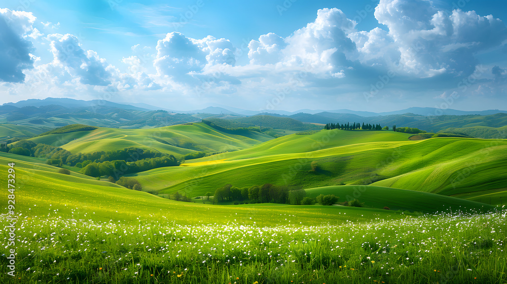 Fototapeta premium A picturesque countryside scene in spring, with rolling hills covered in fresh green grass, a patchwork of blooming fields, and a bright blue sky dotted with fluffy white clouds.