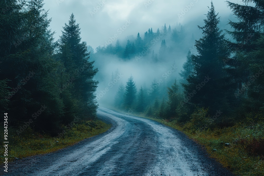Morning fog on a forest road, pine trees barely visible, serene and mystical. Morning fog on a forest road, pine trees barely visible, serene and mystical.