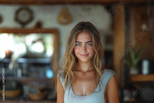 Smiling young female woman portrait in the office, portrait of a young business woman in an office.