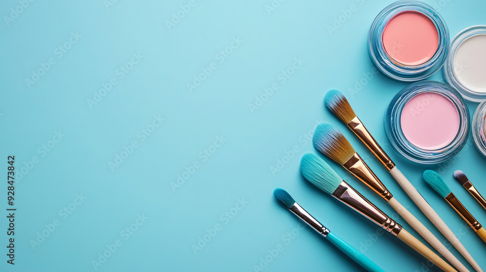 Paint Can and Brushes Flat Lay Composition on Colorful Background Paint Can and Brushes Flat Lay Composition on Colorful Background