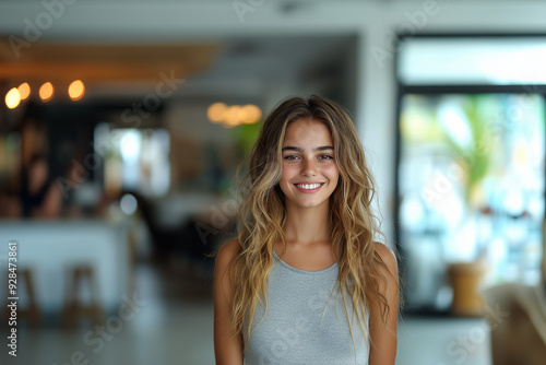 Smiling young female woman portrait in the office, portrait of a young business woman in an office.