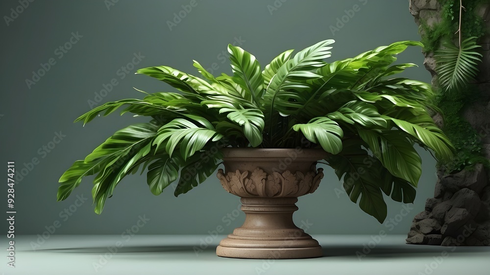Tropical leaves and a stone pedestal surround a green product. AI generative. Tropical leaves and a stone pedestal surround a green product. AI generative.