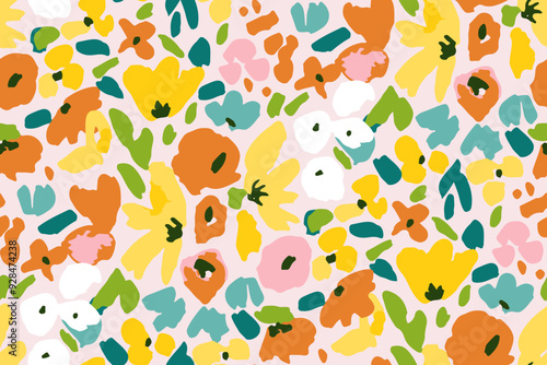 Abstract hand drawn floral seamless pattern. Bright colors, gouache painting.
