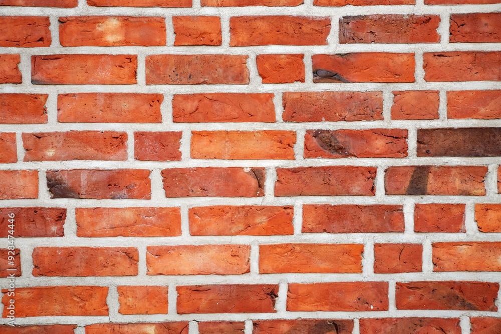 Obraz premium Red brick wall texture background with weathered bricks, cement joints, and an aged, grungy appearance