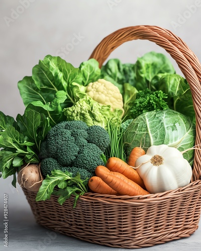 A wicker basket overflowing with fresh vegetables, including carrots, cauliflower, broccoli, cabbage and parsley.