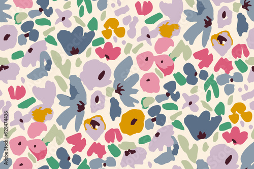 Abstract hand drawn floral seamless pattern. Bright colors, gouache painting.
