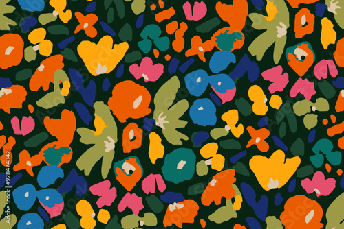 Abstract hand drawn floral seamless pattern. Bright colors, gouache painting.