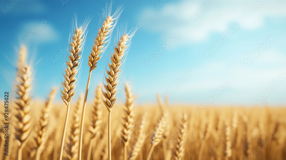 Fototapeta premium Golden wheat stalks against a blue sky, symbolizing harvest and abundance.