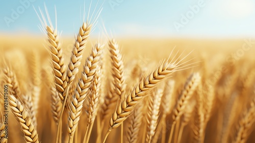 Golden wheat stalks against a blue sky, symbolizing harvest and abundance.