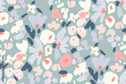 Abstract hand drawn floral seamless pattern. Bright colors, gouache painting.