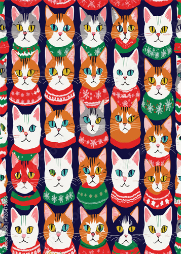 vector pattern of cats wearing Christmas sweater design