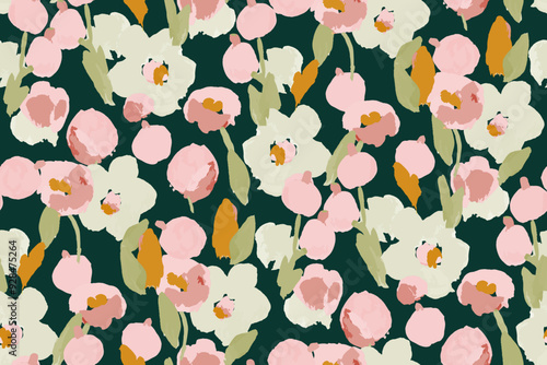 Abstract hand drawn floral seamless pattern. Bright colors, gouache painting.