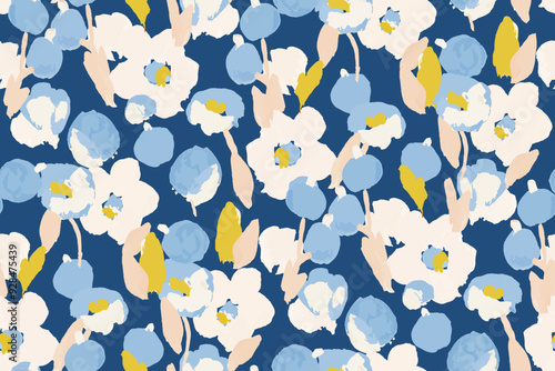 Abstract hand drawn floral seamless pattern. Bright colors, gouache painting.