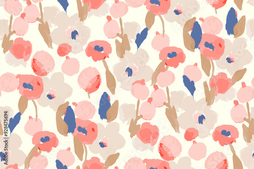 Abstract hand drawn floral seamless pattern. Bright colors, gouache painting.