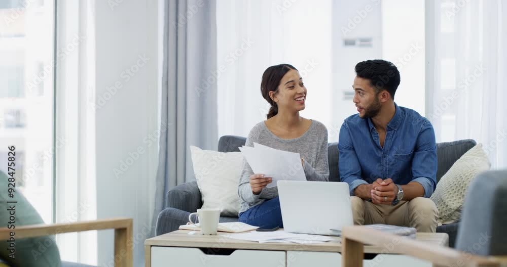 Laptop, documents and happy couple reading, talking and smile for investment data, bills payment or finance revenue. Economy, loan success and home people check tax break, income invoice or credit Laptop, documents and happy couple reading, talking and smile for investment data, bills payment or finance revenue. Economy, loan success and home people check tax break, income invoice or credit