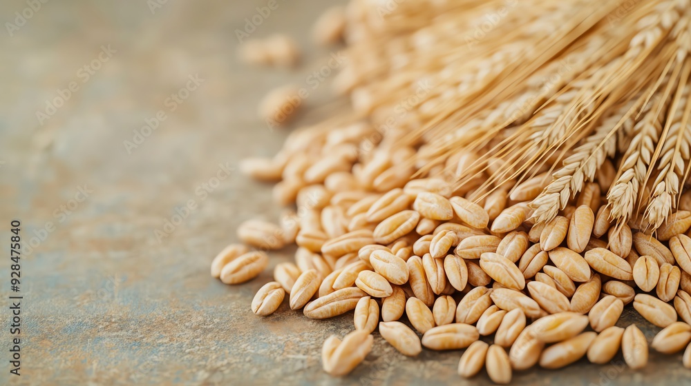 Obraz premium Close up of wheat kernels and stalks on rustic background