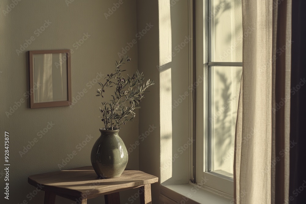 The empty wooden frame mockup is in sunlight with green olive branch in modern organic shaped vase. Beige linen tablecloth. The background is painted with white wainscot walls. Scandinavian interior The empty wooden frame mockup is in sunlight with green olive branch in modern organic shaped vase. Beige linen tablecloth. The background is painted with white wainscot walls. Scandinavian interior