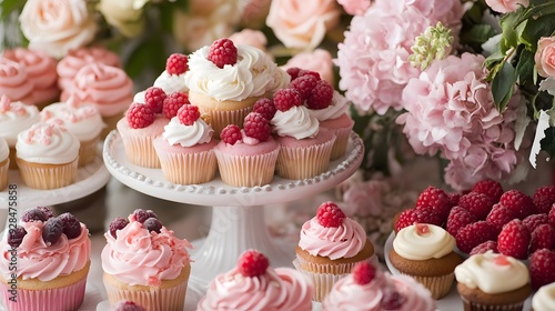 A beautiful and colorful dessert table with cupcakes, cakes, berries, and flowers in the background, featuring a pink color scheme, natural lighting, depth of field, and a focus on the front view. The