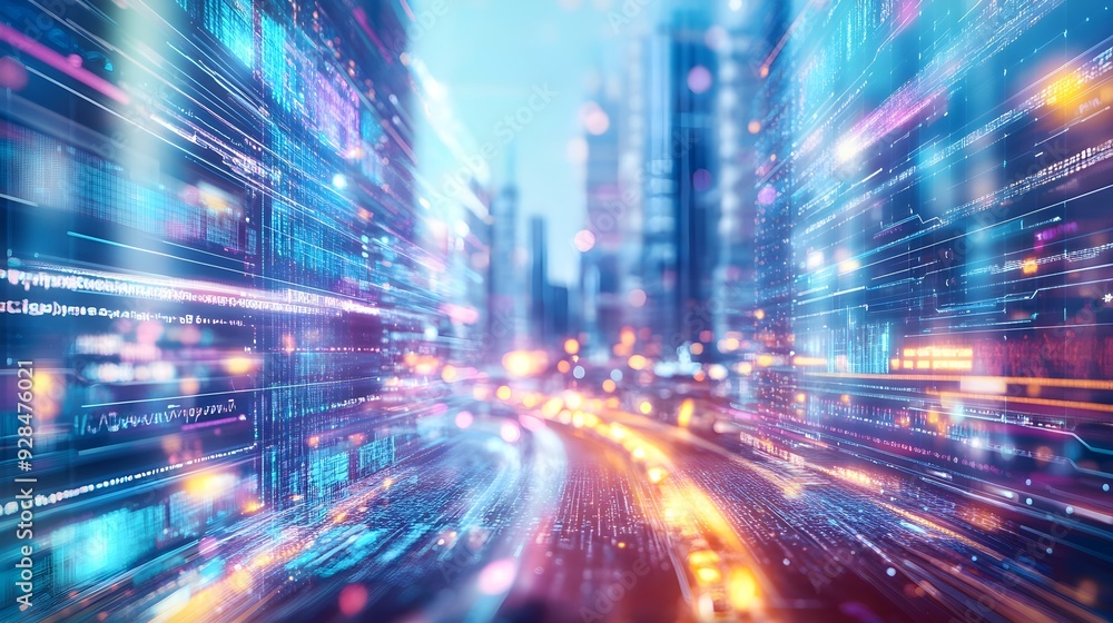 Abstract Cityscape with Digital Code and Lights Abstract Cityscape with Digital Code and Lights