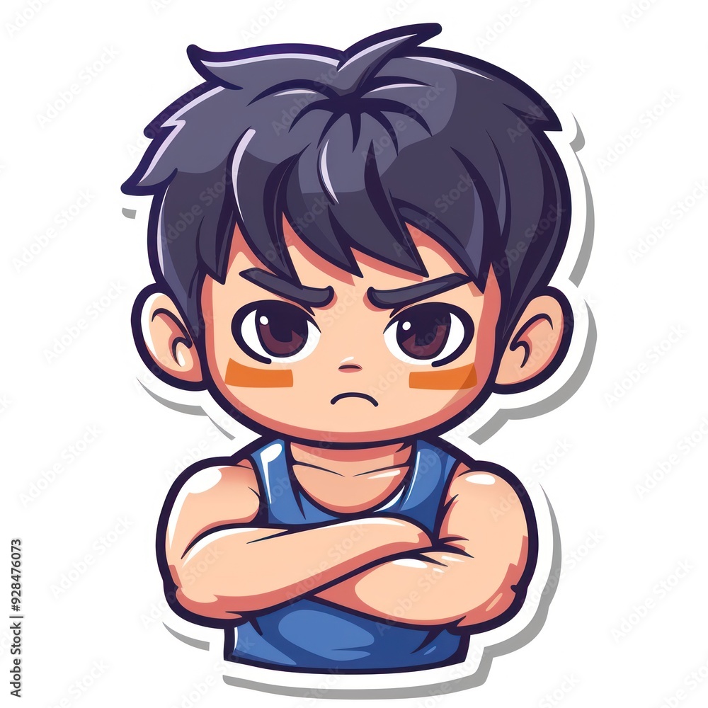 A cartoon-style boy with a serious expression and muscular arms, symbolizing strength and determination. A cartoon-style boy with a serious expression and muscular arms, symbolizing strength and determination.
