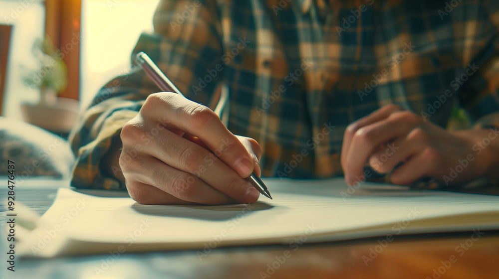 Person signing a document, hand holding a pen Person signing a document, hand holding a pen