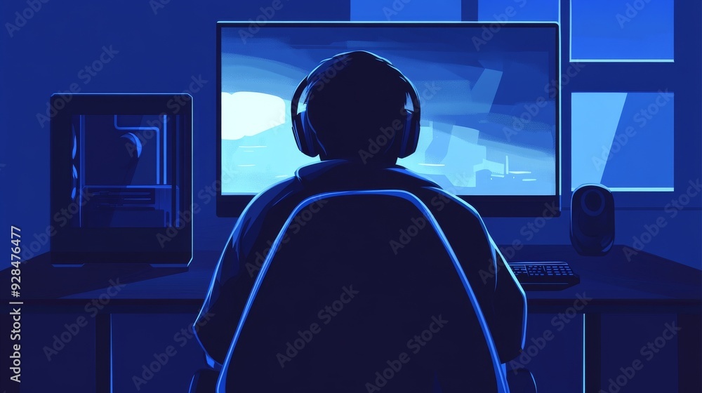 Room lit by neon lights in a retro arcade style, with an ultra-powerful computer playing a first-person shooter game. A Cyber Sport Championship is taking place. Room with an ultra-powerful computer Room lit by neon lights in a retro arcade style, with an ultra-powerful computer playing a first-person shooter game. A Cyber Sport Championship is taking place. Room with an ultra-powerful computer