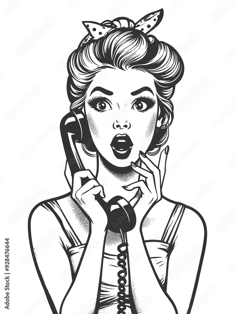 surprised pin-up woman talking on a telephone, shocked expression and retro style sketch engraving generative ai fictional character raster illustration. Scratch board imitation. Black and white image surprised pin-up woman talking on a telephone, shocked expression and retro style sketch engraving generative ai fictional character raster illustration. Scratch board imitation. Black and white image