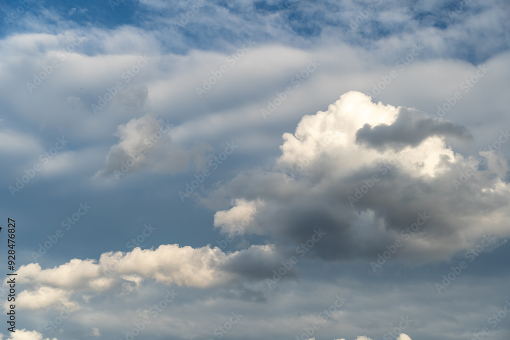 Fototapeta premium Blue Sky with White Clouds, Sunny Cloudy Sky Texture Background, Fluffy Clouds Pattern, Sunny Cumulus