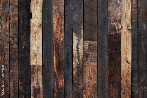 Processed collage of old rustic dark brown wood planks texture. Background for banner, Generative ai