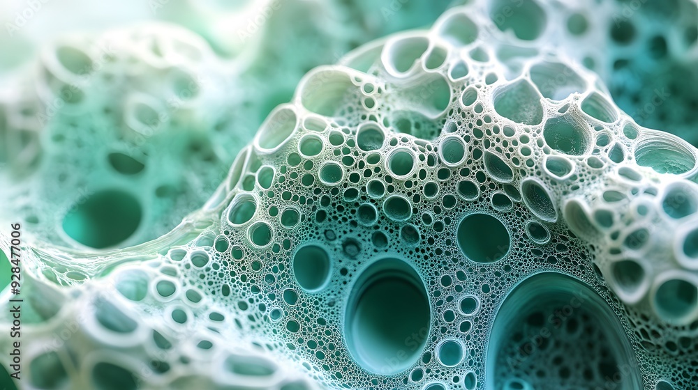 Close-up of an organic structure with teal and emerald hues, resembling delicate lace. The intricate patterns form complex geometric shapes that resemble hexagons or circles, creating the illusion of Close-up of an organic structure with teal and emerald hues, resembling delicate lace. The intricate patterns form complex geometric shapes that resemble hexagons or circles, creating the illusion of