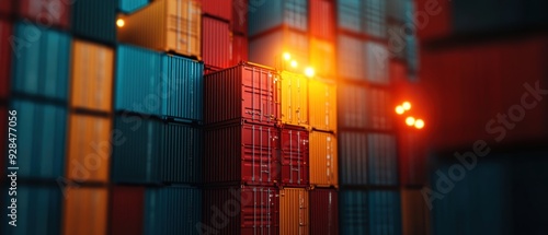 Colorful shipping containers stacked in a storage yard with industrial lighting, showcasing logistics and cargo transportation.