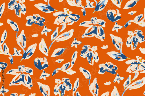Abstract hand drawn floral seamless pattern. Bright colors, gouache painting.