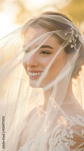 A bride with a joyful expression is partially veiled, illuminated by soft evening sunlight, creating a warm and romantic atmosphere