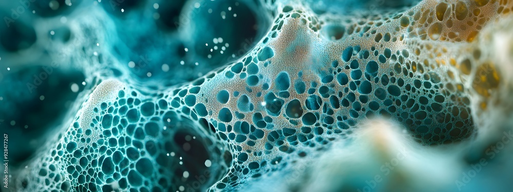Close-up of an organic structure with teal and emerald hues, resembling delicate lace. The intricate patterns form complex geometric shapes that resemble hexagons or circles, creating the illusion of Close-up of an organic structure with teal and emerald hues, resembling delicate lace. The intricate patterns form complex geometric shapes that resemble hexagons or circles, creating the illusion of