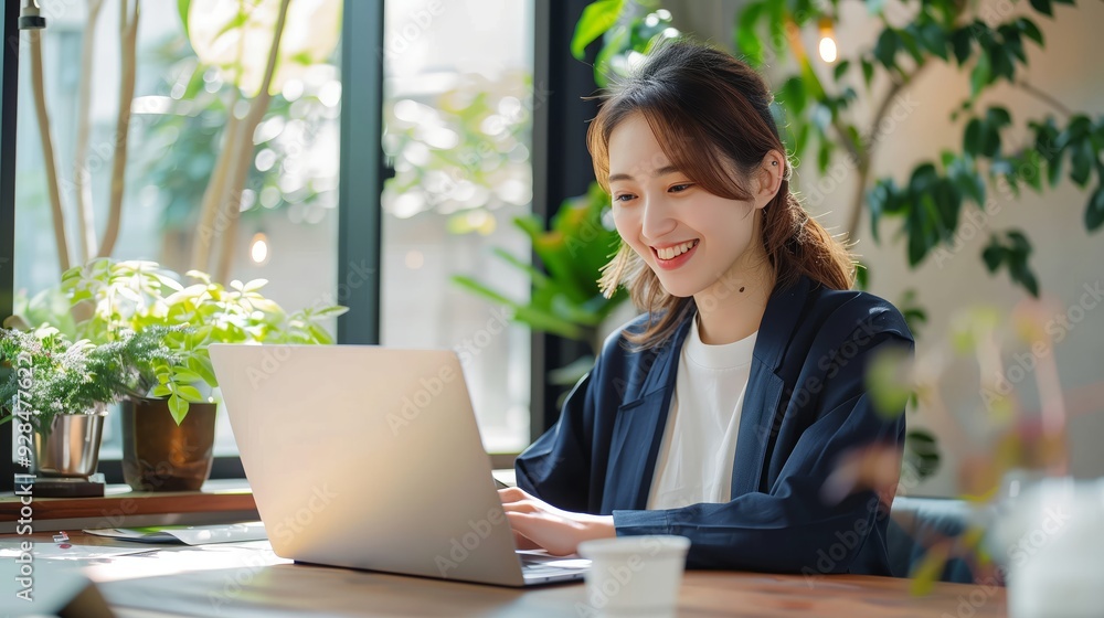 A beautiful professional woman uses a laptop in a modern office A beautiful professional woman uses a laptop in a modern office