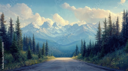 Road with a distant view of mountains, pine trees framing the scene, majestic and vast.