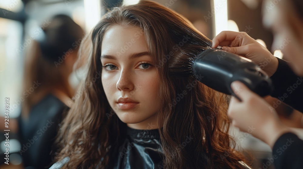 Naklejka premium Professional Hairdresser Blow Drying Client's Hair in Salon Closeup